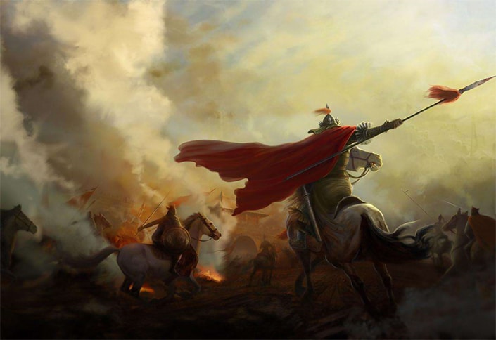a Chinese general in a red cloak gestures with a spear