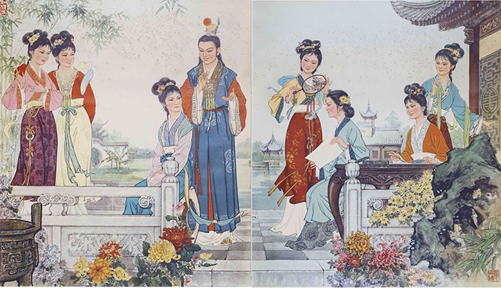 a group of people in ancient dress use Chinese proverbs about family in conversation