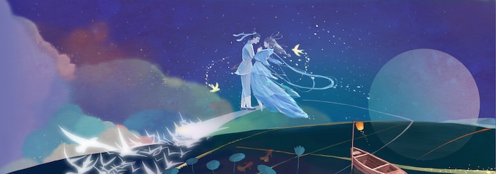 a graphic showing the Chinese legend of the Cowherd and the Weaver Girl
