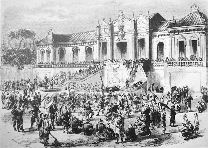 a black and white picture of people standing in front of the Western Mansions, part of the old Summer Palace
