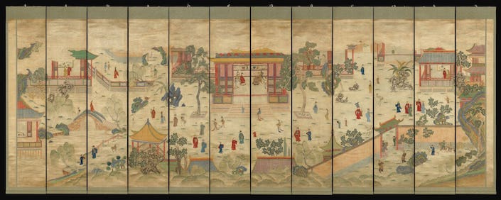 Chinese painting of scene featuring ancient buildings and people